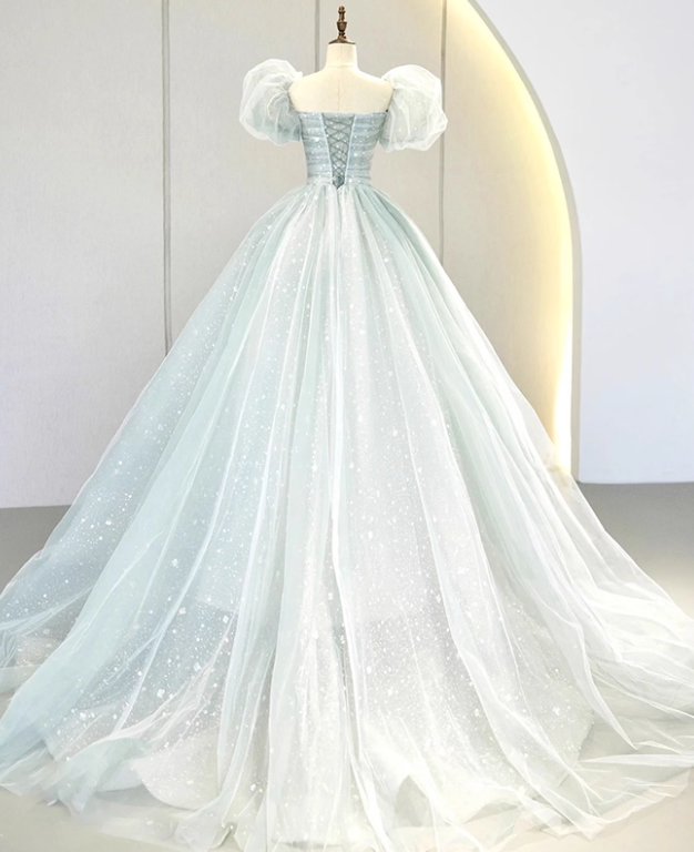 Newest Prom Dress Square Neck Tulle Pleated Ball Gown Evening Dress Birthday Outfits HZ0319