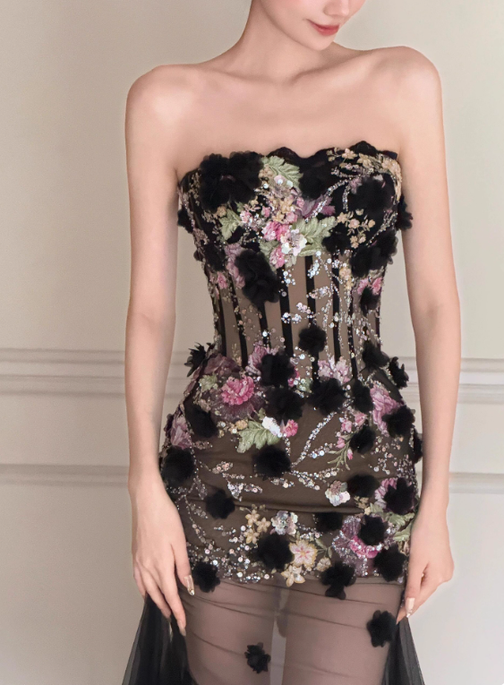 Stunning Prom Dress Strapless Floral Tulle Evening Dress Birthday Party Outfits HZ0319