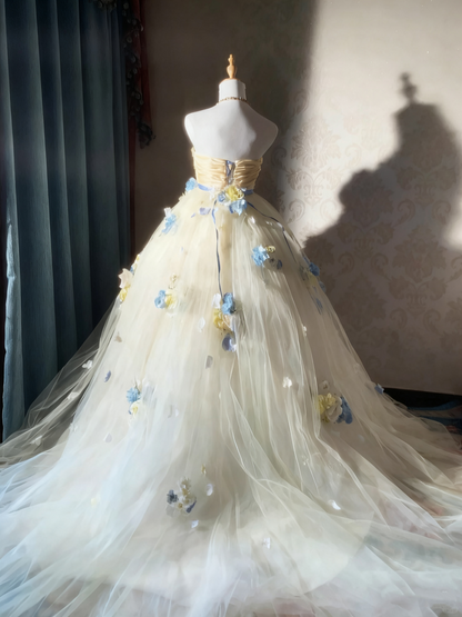 Charming Prom Dress Strapless Floral Tulle Pleated Ball Gown Evening Dress Sweet 16 Dress HZ0319
