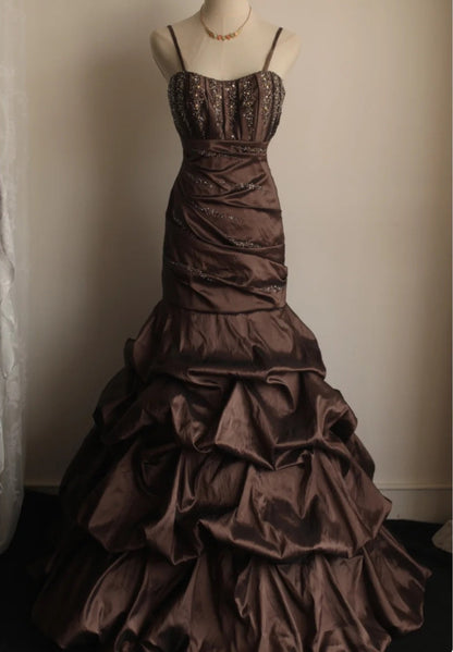 Elegant Prom Dress Spaghetti Straps Pleated Mermaid Evening Dress Gala Gown HZ0319