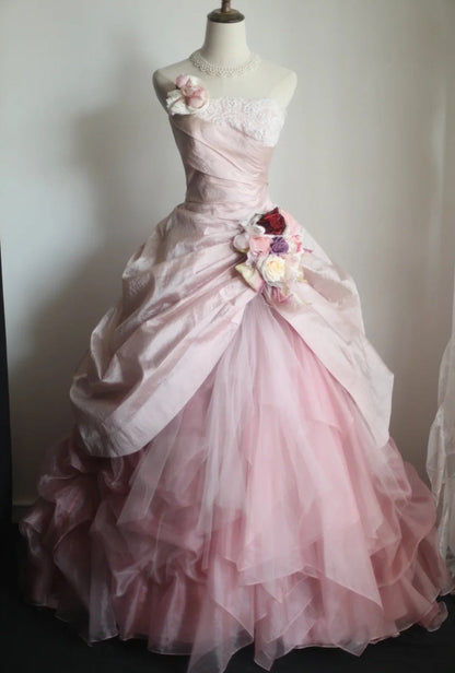 Sweet Prom Dress Light Pink Strapless Pleated Tulle Evening Dress Quinceanera Dress Ball Gown HZ0319