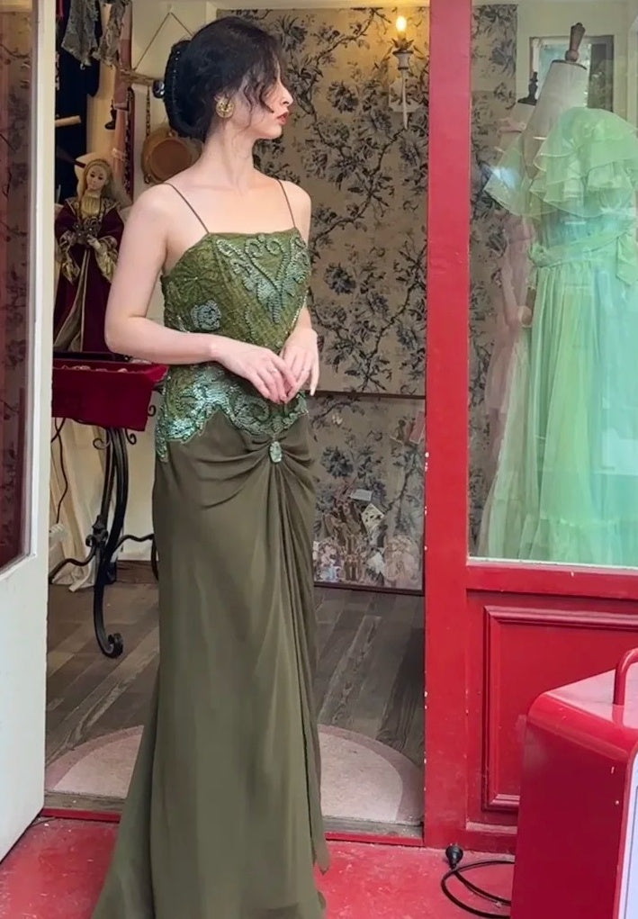Retro Prom Dress Spaghetti Straps Pleated Gala Dress Evening Dress Birthday Party Outfits HZ0319