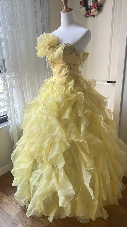 Sweet Prom Dress Light Yellow Strapless Ruffle Ball Gown Evening Dress Quinceanera Dress HZ0319
