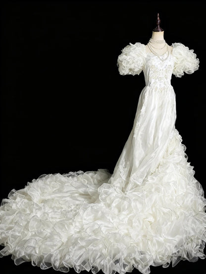 Vintage Wedding Dress Asymmetrical Neck Pleated Ruffle Wedding Dress HZ0319