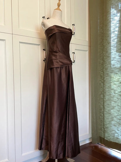 Minimalist Prom Dress Brown Strapless Pleated Gala Dress Evening Dress Formal Dress HZ0319