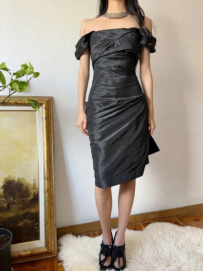 Minimalist Short Prom Dress Satin Black Off Shoulder Pleated Formal Dress Evening Dress Gala Dress HZ0319