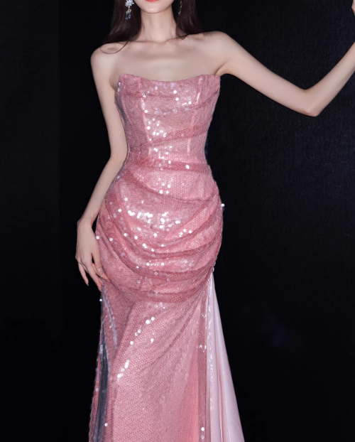 Shiny Prom Dress Strapless Pleated Gala Dress Evening Dress Formal Dress HZ0319