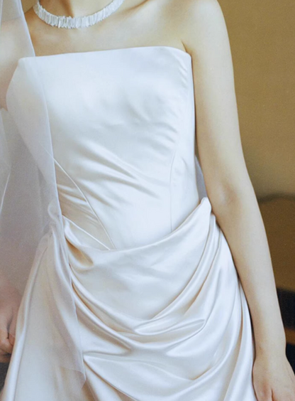 New Arrival Wedding Dress Satin A Line Asymmetrical Neck Pleated Wedding Dresses HZ0319