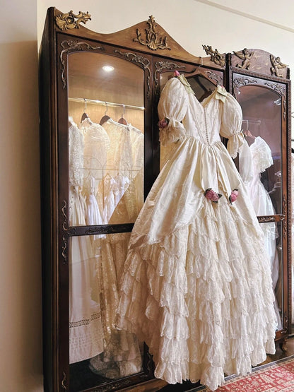 Vintage Wedding Dress V-neck Short Sleeves Pleated Wedding Dress HZ0319