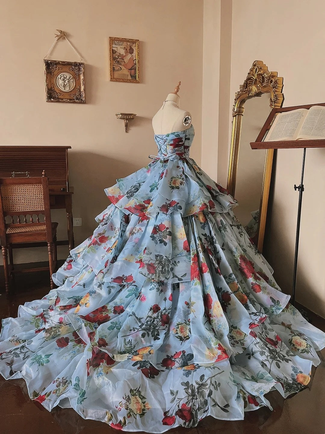 Elegant Prom Dress Strapless Print Tiered Evening Dress Quinceanera Dress Ball Gown HZ0319