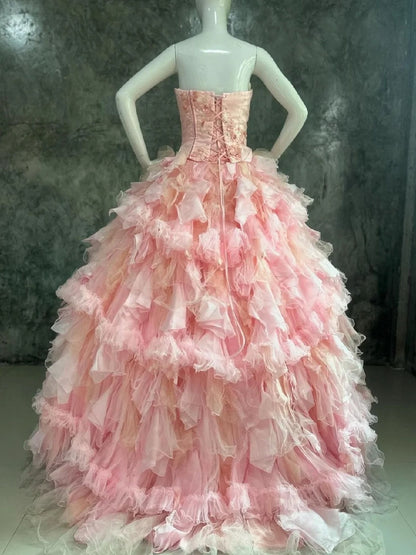 Sweet Prom Dress Strapless Pleated Tulle Evening Dress Quinceanera Dress Ball Gown HZ0319