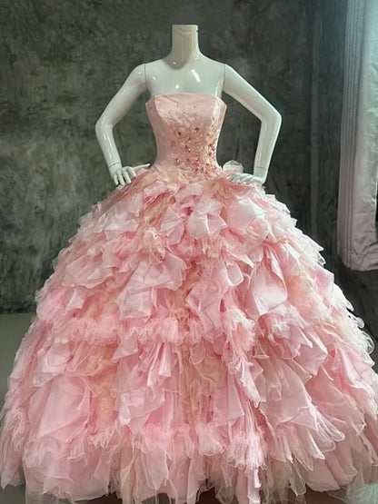 Sweet Prom Dress Strapless Pleated Tulle Evening Dress Quinceanera Dress Ball Gown HZ0319