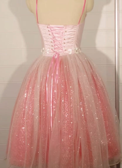 Shiny Homecoming Dress Spaghetti Straps Pleated Tulle Prom Dress Birthday Party Outfits HZ0319