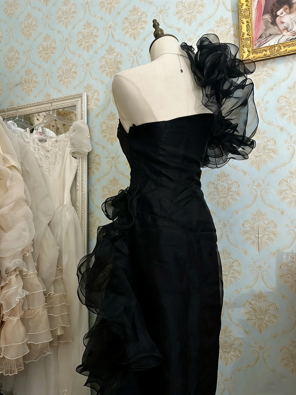 Stunning Prom Dress Black Strapless Pleated Ruffle Birthday Party Dress Evening Dress HZ0319