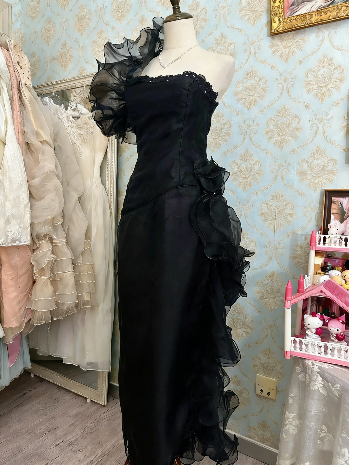 Stunning Prom Dress Black Strapless Pleated Ruffle Birthday Party Dress Evening Dress HZ0319