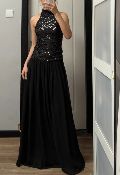 Shiny Prom Dress Black Halter Pleated Gala Dress Evening Dress Cocktail Dress HZ0319