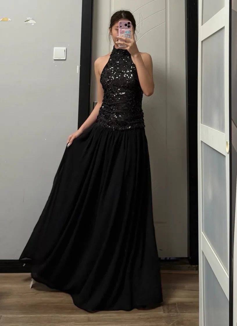 Shiny Prom Dress Black Halter Pleated Gala Dress Evening Dress Cocktail Dress HZ0319
