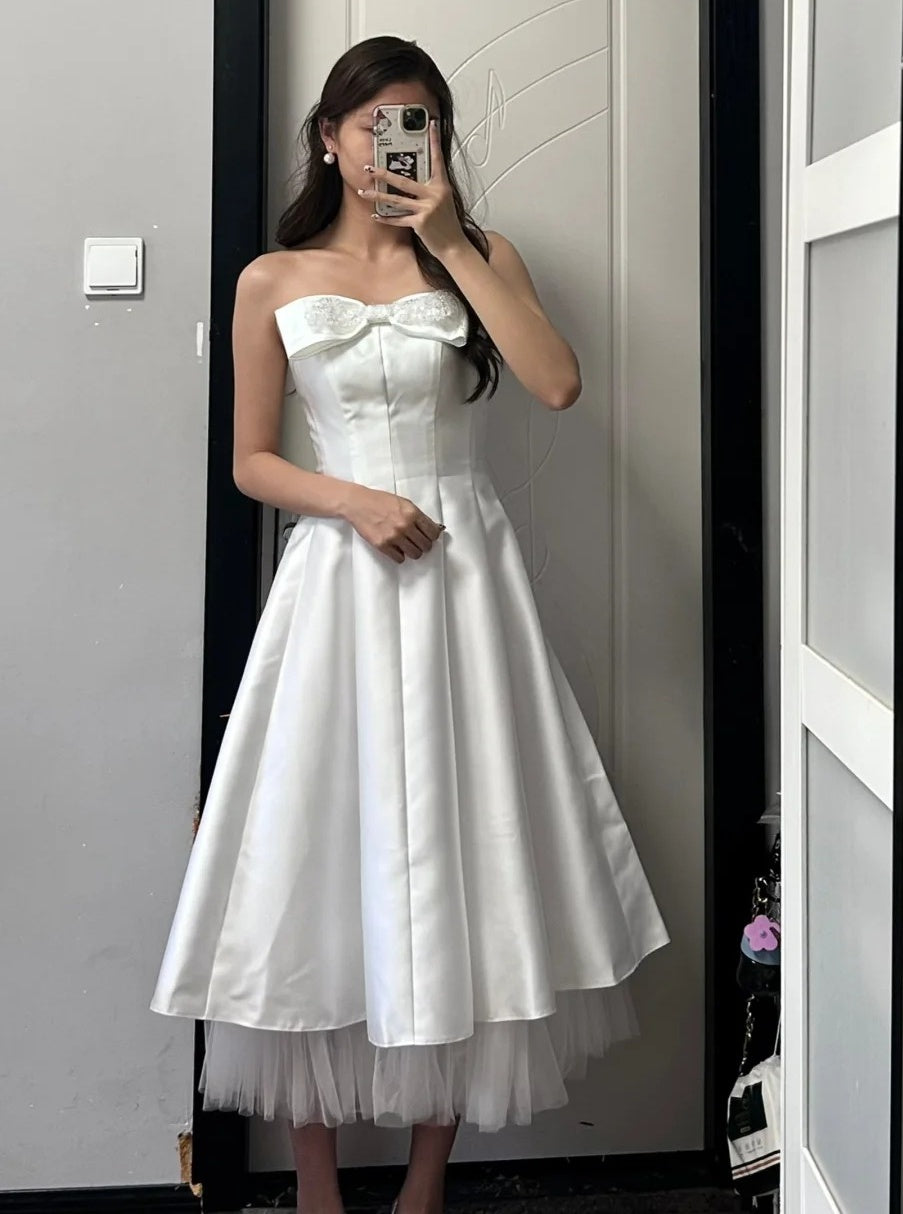 Charming Prom Dress White Strapless Pleated Gala Dress Evening Dress Cocktail Dress HZ0319