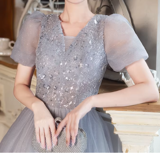 Shiny Prom Dress Short Sleeves Tulle Pleated Gala Dress Evening Dress Formal Dress HZ0319