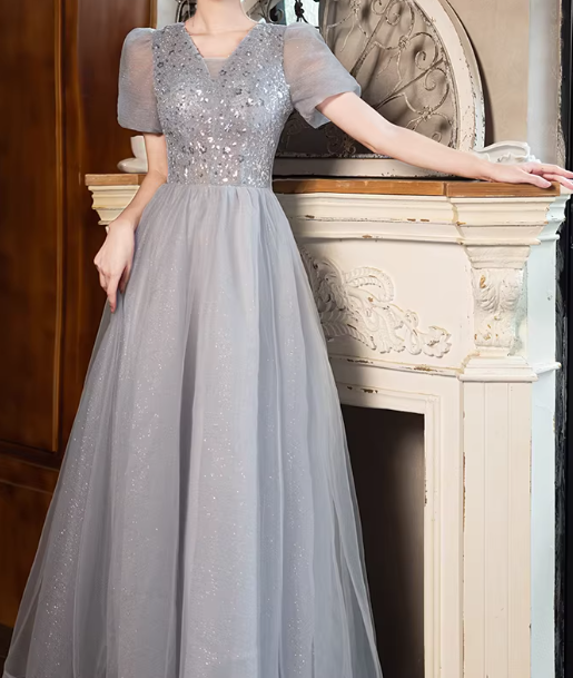 Shiny Prom Dress Short Sleeves Tulle Pleated Gala Dress Evening Dress Formal Dress HZ0319