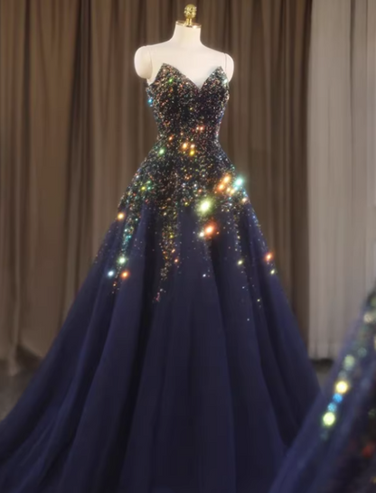 Shiny Prom Dress Dark Blue V-neck Gala Dress Evening Dress Formal Dress HZ0319