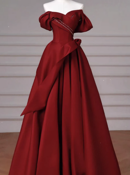 Shiny Prom Dress Wine Red Off Shoulder Pleated Gala Dress Evening Dress Formal Dress HZ0319