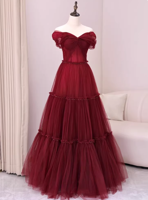 Stunning Prom Dress Wine Red Off Shoulder Pleated Tulle Gala Dress Evening Dress Formal Dress HZ0319