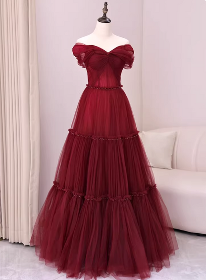 Stunning Prom Dress Wine Red Off Shoulder Pleated Tulle Gala Dress Evening Dress Formal Dress HZ0319