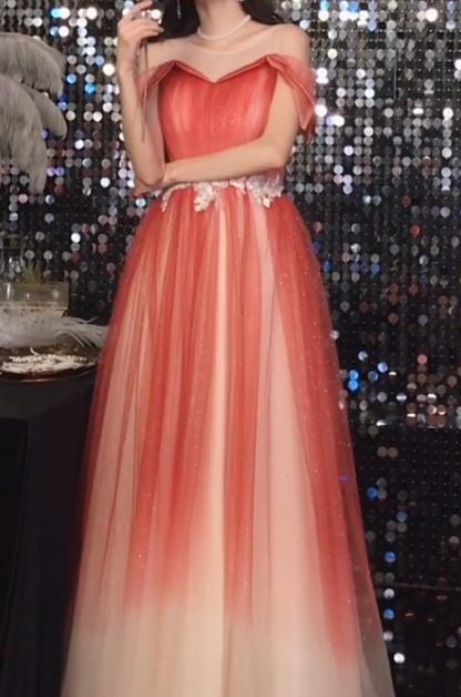 Ombre Prom Dress Crew Neck Pleated Tulle Gala Dress Evening Dress Formal Dress HZ0319