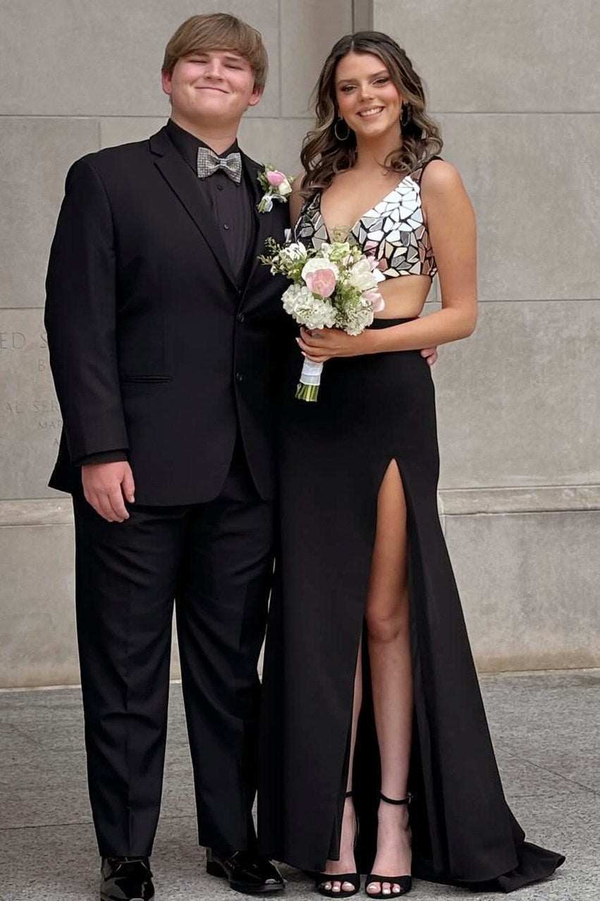 Red Mirror-Sequins Plunging V Neck Long Prom Dress with Slit