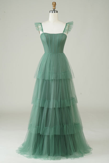 Smoky Blue Tiered A-Line Long Prom Dress with Flutter Sleeves