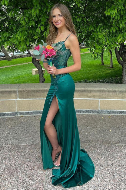 Red Spaghetti Strap Appliques Mermaid Long Dress with Slit