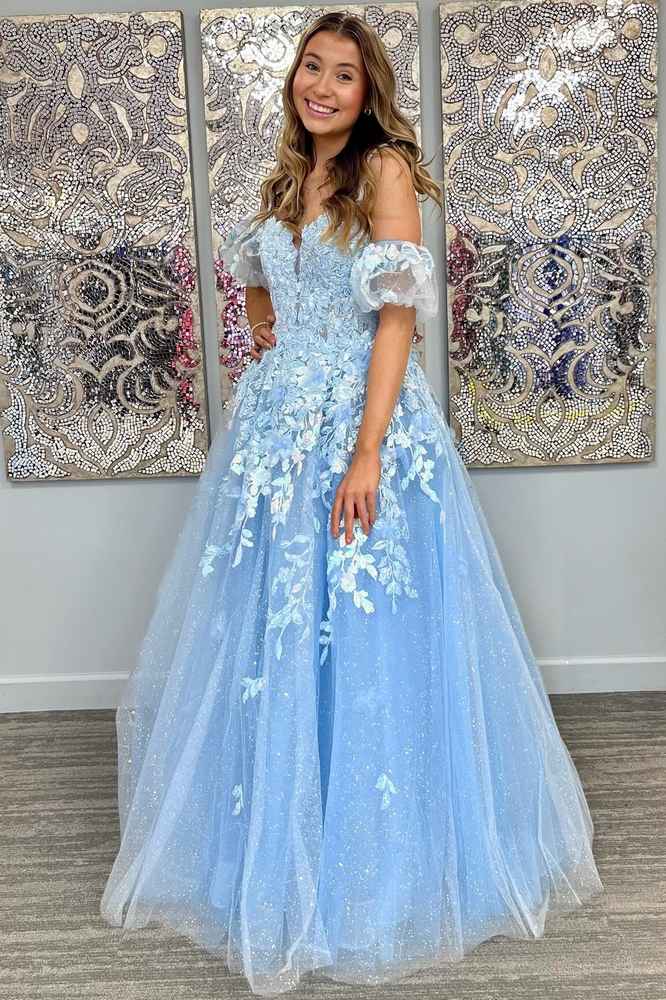 A-Line Appliques Plunge V Long Prom Dress with  Detachable Sleeves