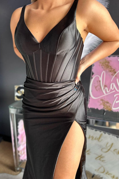 Pink V-Neck Ruched Mermaid Long Formal Dress with Slit