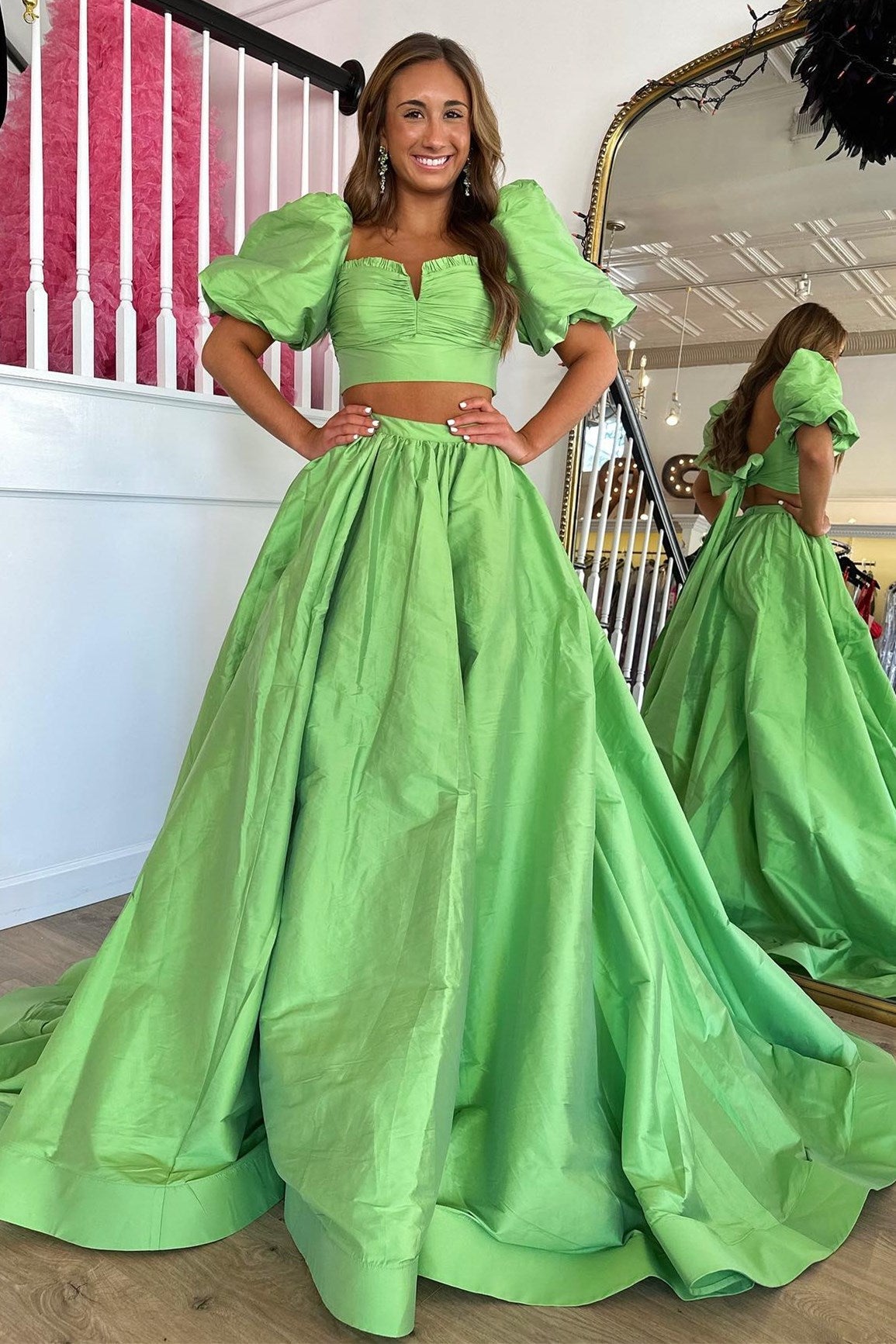 Two-Piece Green Puff Sleeve Tie-Back Long Prom Dress