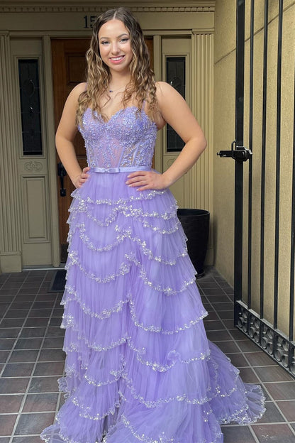 White Lace Beaded Ruffle Tiered Long Prom Dress with Slit