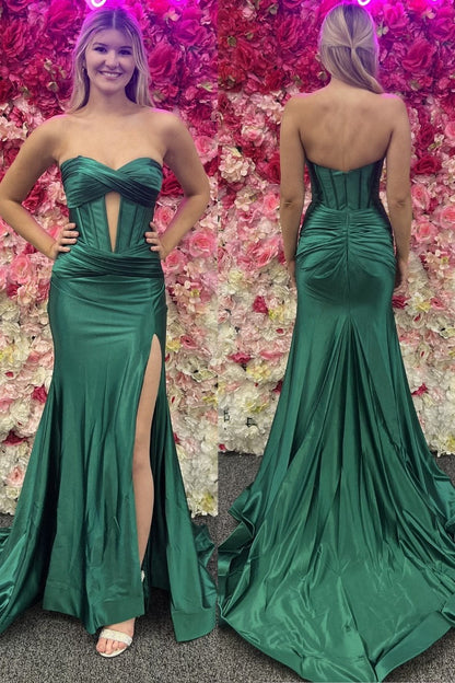 Classy Strapless Keyhole Mermaid Satin Long Prom Dress with Slit