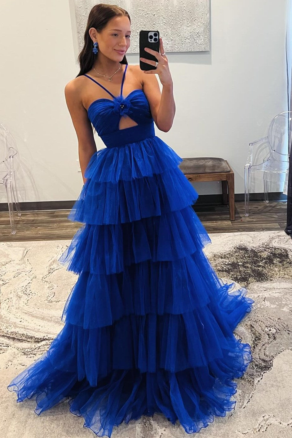 Blue Print Halter Keyhole Ruffle Tiered Long Prom Dress