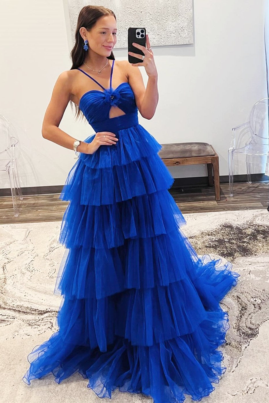 Blue Print Halter Keyhole Ruffle Tiered Long Prom Dress