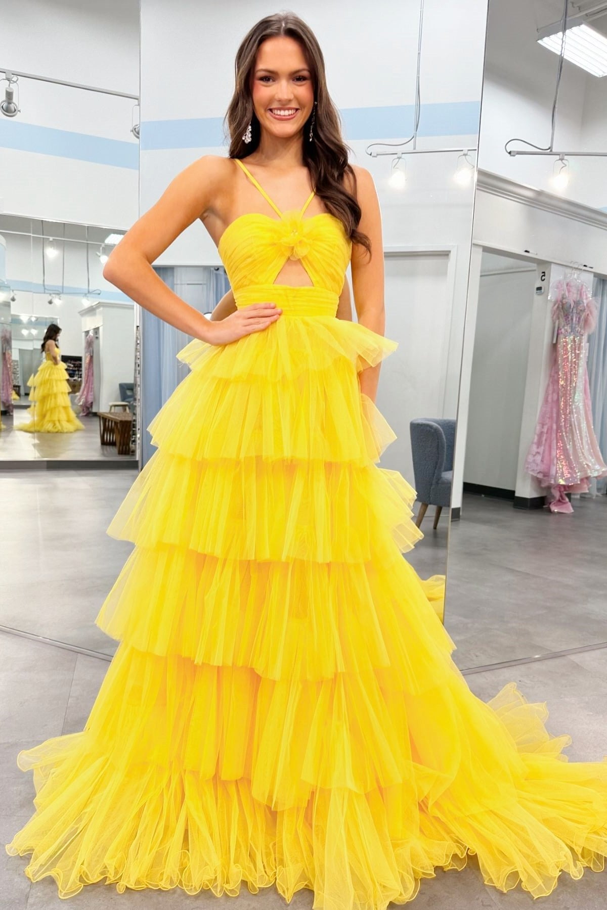 Blue Print Halter Keyhole Ruffle Tiered Long Prom Dress