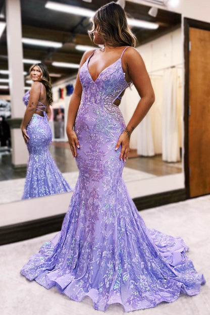 Hot Pink Sequin Lace V-Neck Trumpet Long Prom Dress