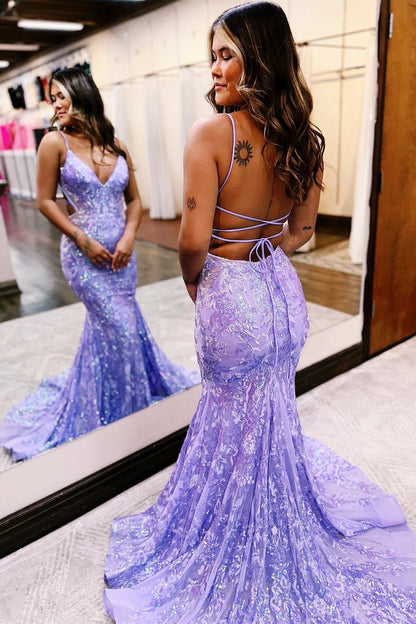 Hot Pink Sequin Lace V-Neck Trumpet Long Prom Dress