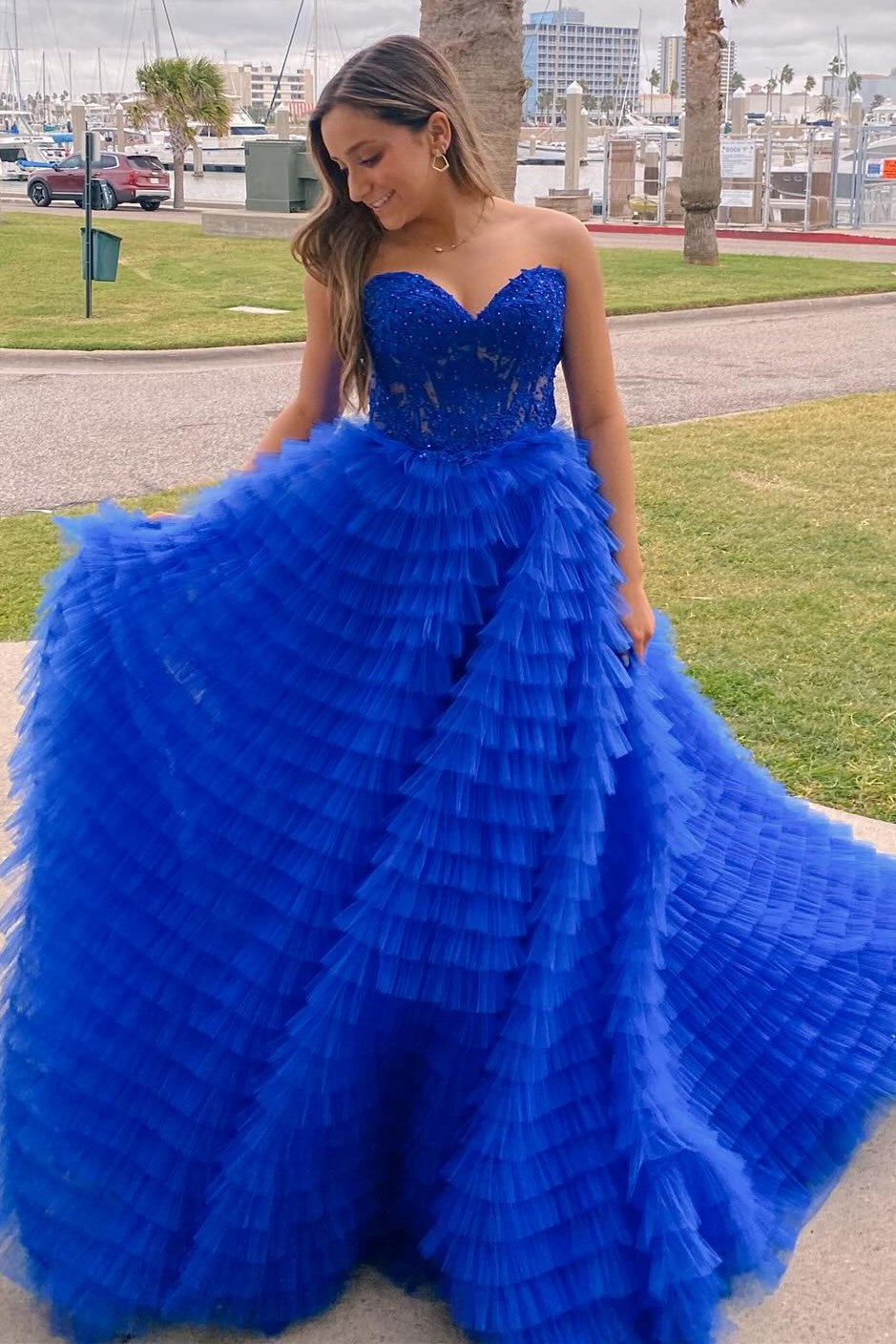 Yellow Appliques Sweetheart Ruffle Tiered A-Line Prom Dress