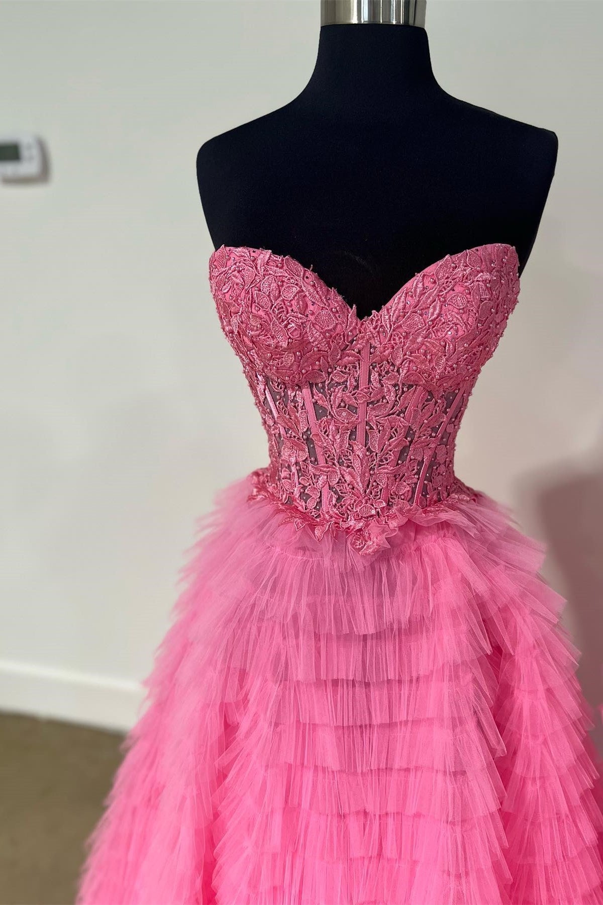 Yellow Appliques Sweetheart Ruffle Tiered A-Line Prom Dress