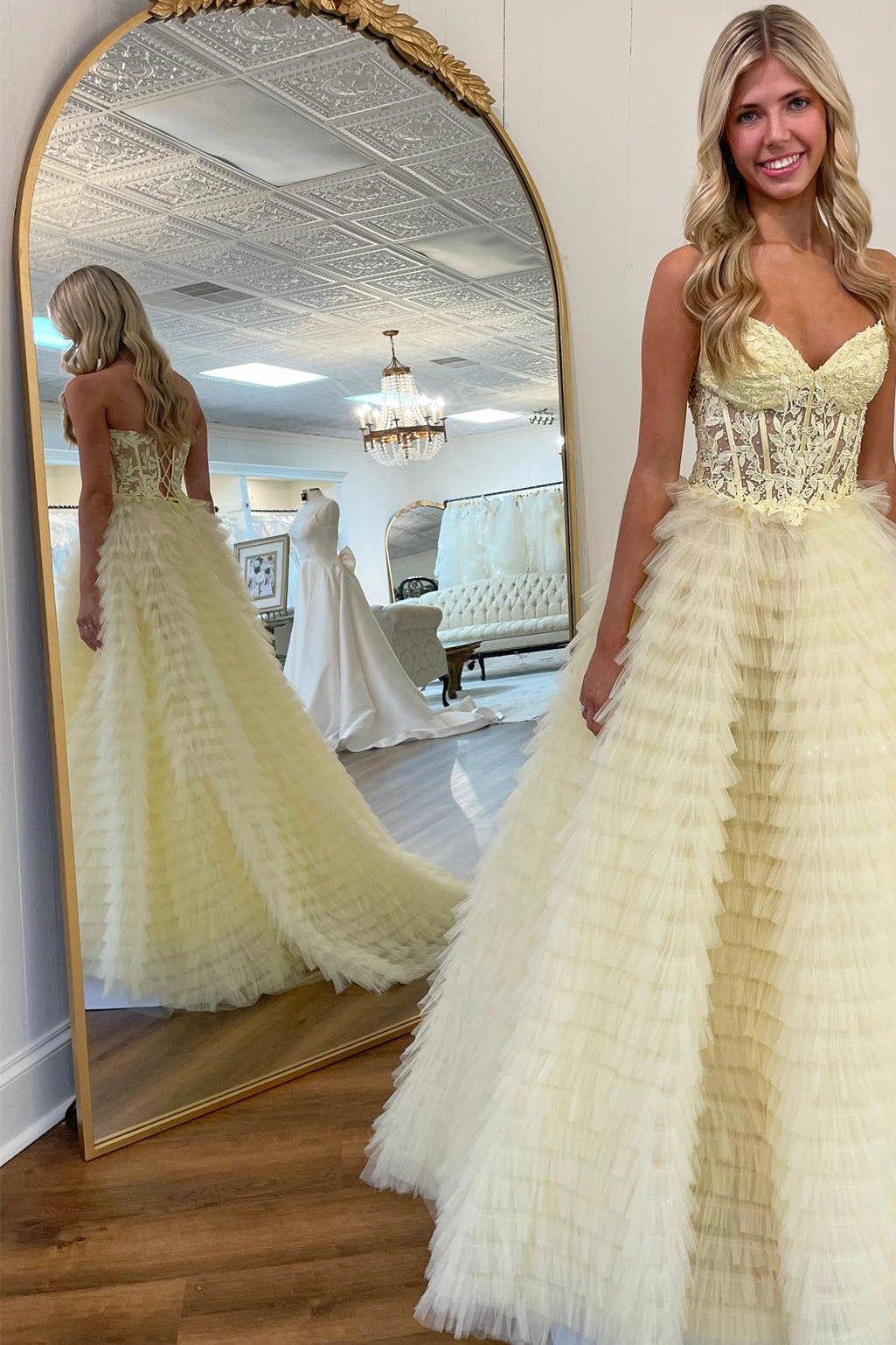 Yellow Appliques Sweetheart Ruffle Tiered A-Line Prom Dress