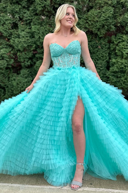 Yellow Appliques Sweetheart Ruffle Tiered A-Line Prom Dress