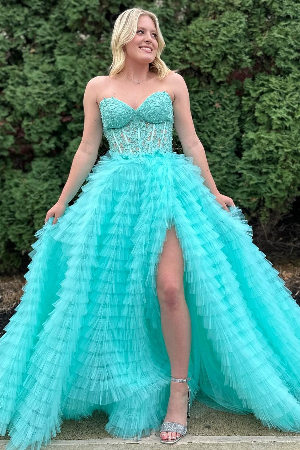 Yellow Appliques Sweetheart Ruffle Tiered A-Line Prom Dress
