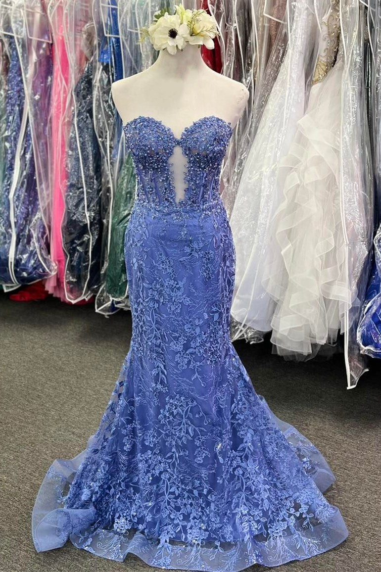 Lace Appliques Sweetheart Keyhole Trumpet Long Prom Dress