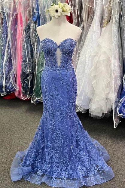Lace Appliques Sweetheart Keyhole Trumpet Long Prom Dress