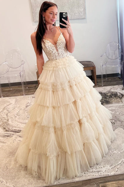 Spaghetti Strap V-Neck Sleeveless Ruffle Tiered Tulle Long Ball Gown